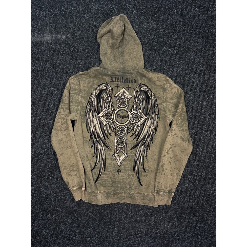 Affliction Live Fast Rogue Hoodie Mens Large Olive Green Gothic Cross Y2K Zip Up
